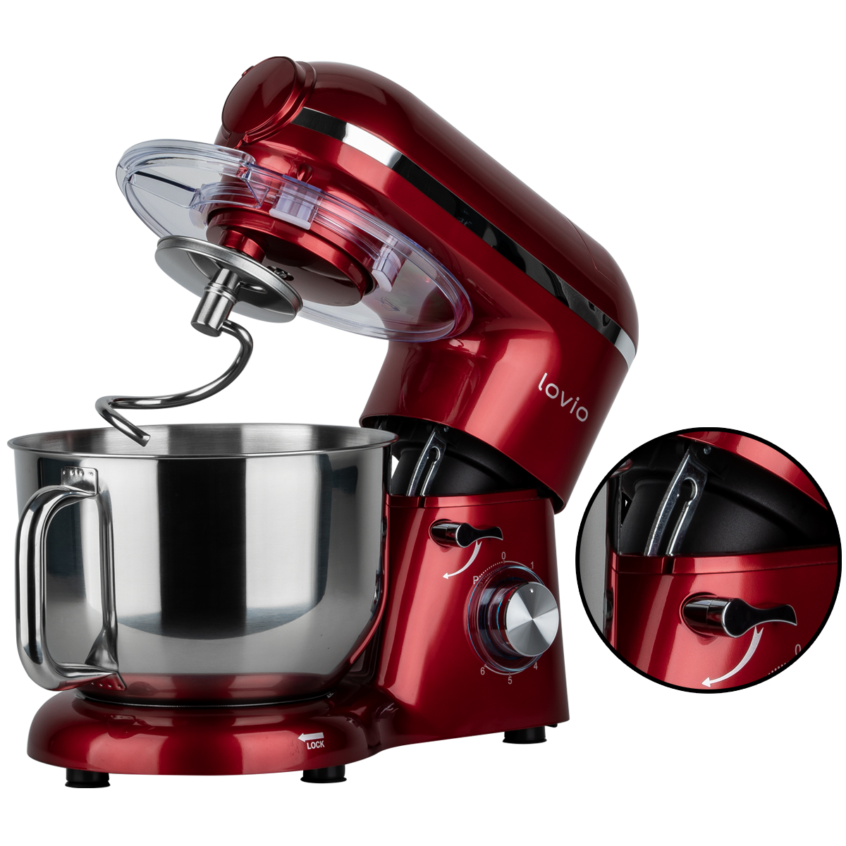 Virtuves Kombains Lovio LVSTM02PRD ChefAssistant Plus Red, 1900W, Sajaukšana, Putošana, Rīvēšana, Mīcīšana, Ledus Smalcināšana, Metāla Piedziņa, LED Apgaismojums