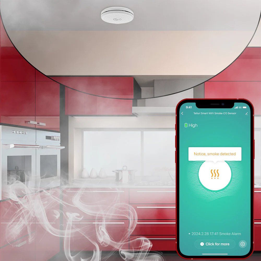 Умный Wi-Fi датчик дыма и CO, белый - Tellur