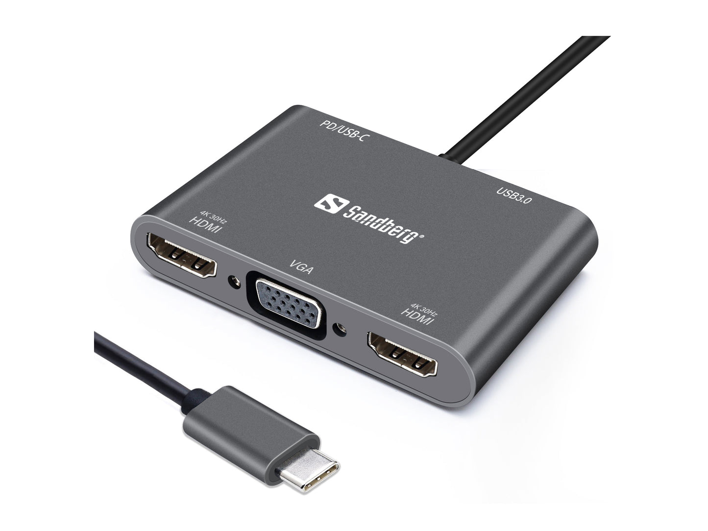 USB-C Docking station with 2xHDMI+VGA+USB+PD, Sandberg 136-35