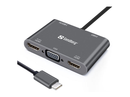 USB-C Dokstacija ar 2xHDMI+VGA+USB+PD, Sandberg 136-35