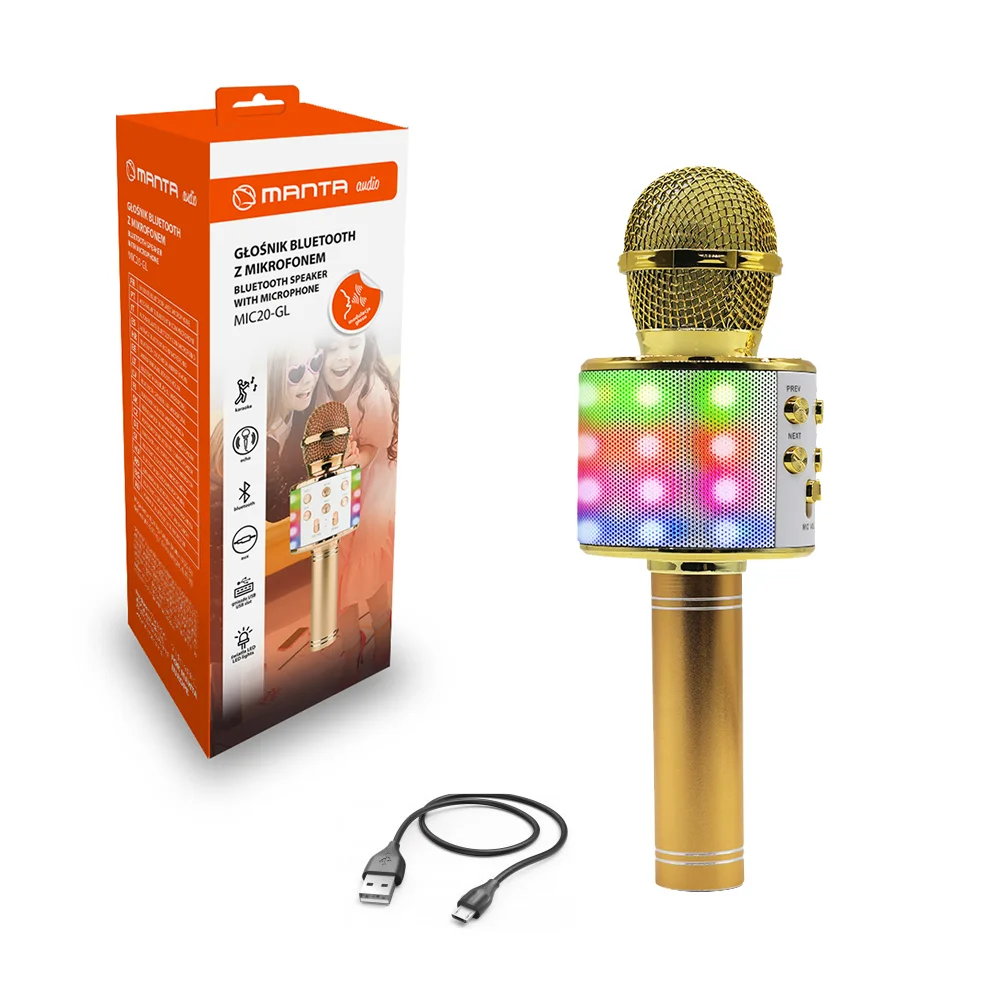 Wireless Bluetooth Karaoke Microphone with Speaker, 5W Power, Manta MIC20-GL Gold