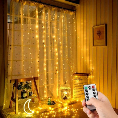 USB Curtain Lights 300 LED 3x3m with Remote Control - Warm White X0013lX27J