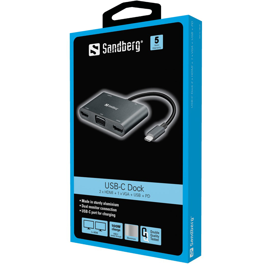 Док-станция USB-C с 2xHDMI+VGA+USB+PD, Sandberg 136-35