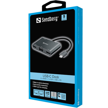 USB-C Dokstacija ar 2xHDMI+VGA+USB+PD, Sandberg 136-35