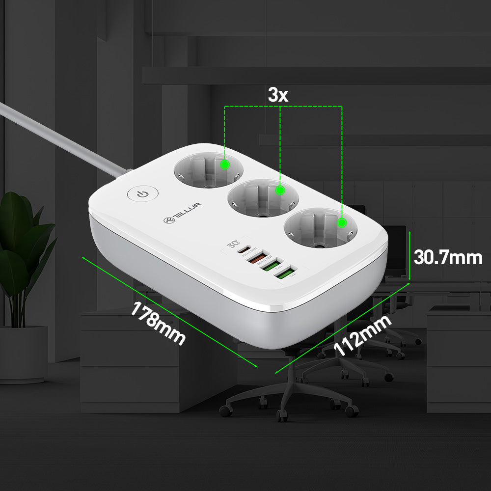 Tellur Smart WiFi Power Strip 3 Outlets, PD30W, QC18W, 2xUSB 2.4A 2500W 10A 2m