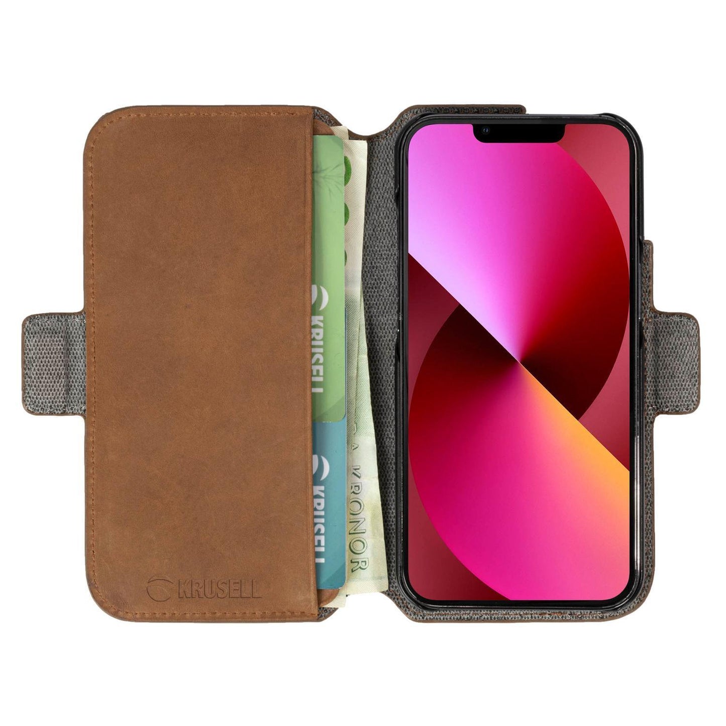 Кожаный телефонный кошелек Krusell Apple iPhone 13 коньячный (62398)