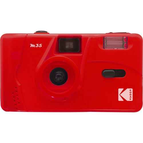 Kodak M35 film camera with flash in bright red