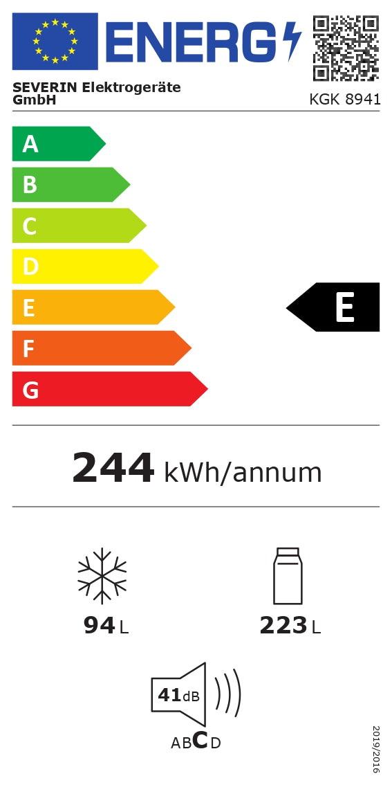 Ledusskapis ar saldētavu, 317 litri, LED, 39 dB, Severin KGK 8941