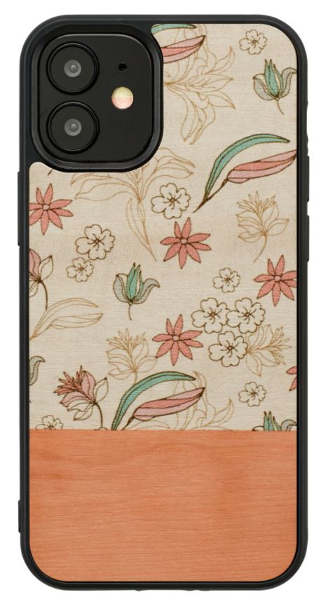 iPhone 12 mini case, pink flower, MAN&amp;WOOD