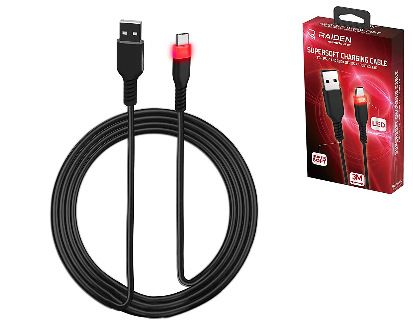 Charging cable 3m USB-C with LED light for PS5/Xbox/Switch