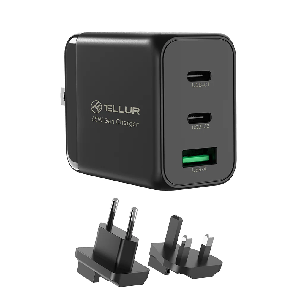 65W GaN sienas lādētājs 3 porti, 2xUSB-C + USB-A, Tellur