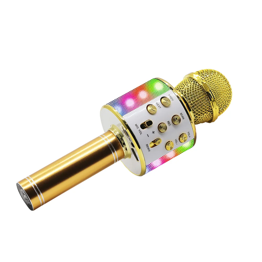 Беспроводной Bluetooth-микрофон для караоке Manta MIC20-GL Gold — громкоговоритель, выходная мощность 5 Вт, высокое качество звука, встроенный аккумулятор
