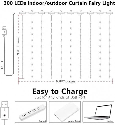 USB-светильники для штор 300 LED 3х3м с дистанционным управлением - теплый белый X0013lX27J