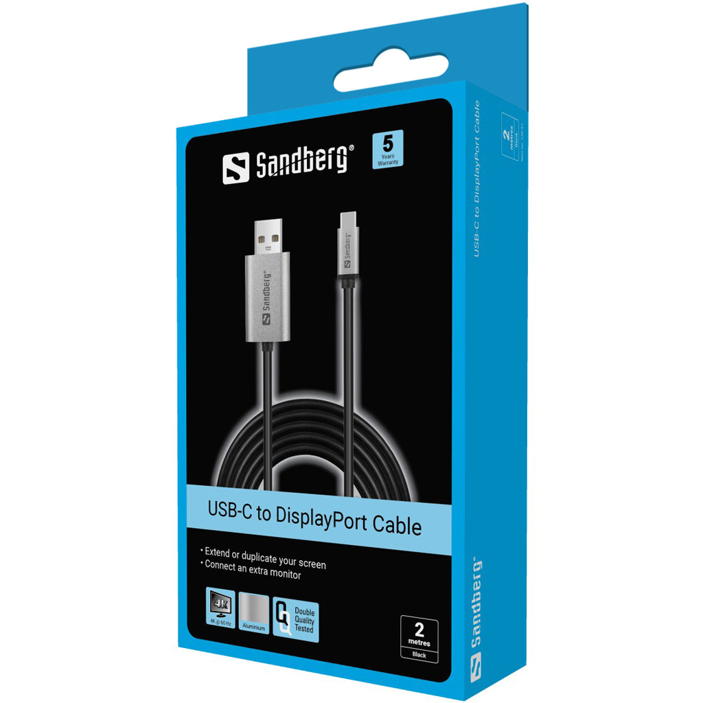 USB-C to DisplayPort cable, Sandberg 136-51, 2 meters, aluminum housing, 4K@60Hz
