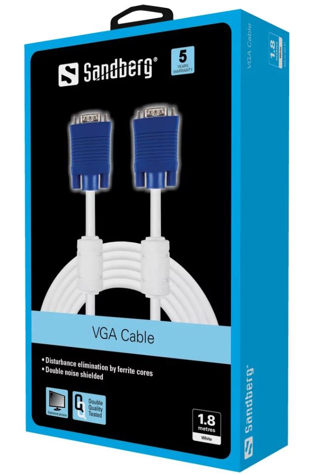 Кабель VGA для монитора 1,8 м, белый, Sandberg 501-61