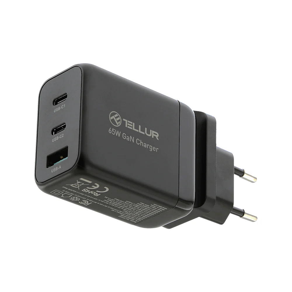 65W GaN sienas lādētājs 3 porti, 2xUSB-C + USB-A, Tellur