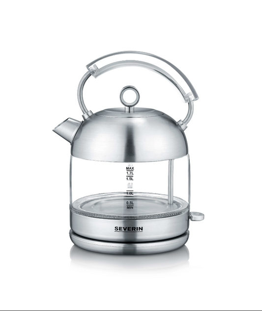 Severin WK 3459 - retro glass kettle with 1.7 liter capacity and attractive blue interior lighting.