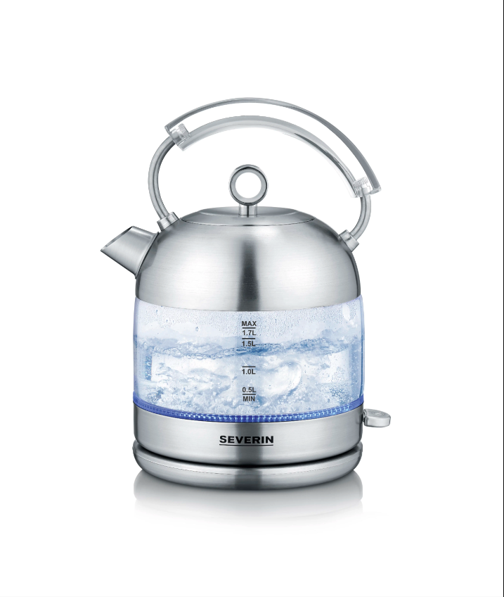 Severin WK 3459 – стеклянный чайник в стиле ретро емкостью 1,7 литра с привлекательной синей внутренней подсветкой.