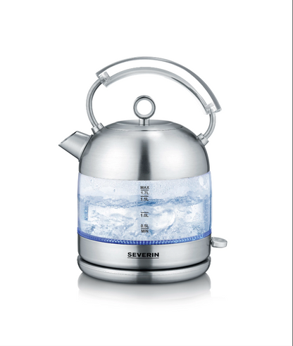 Severin WK 3459 - retro glass kettle with 1.7 liter capacity and attractive blue interior lighting.