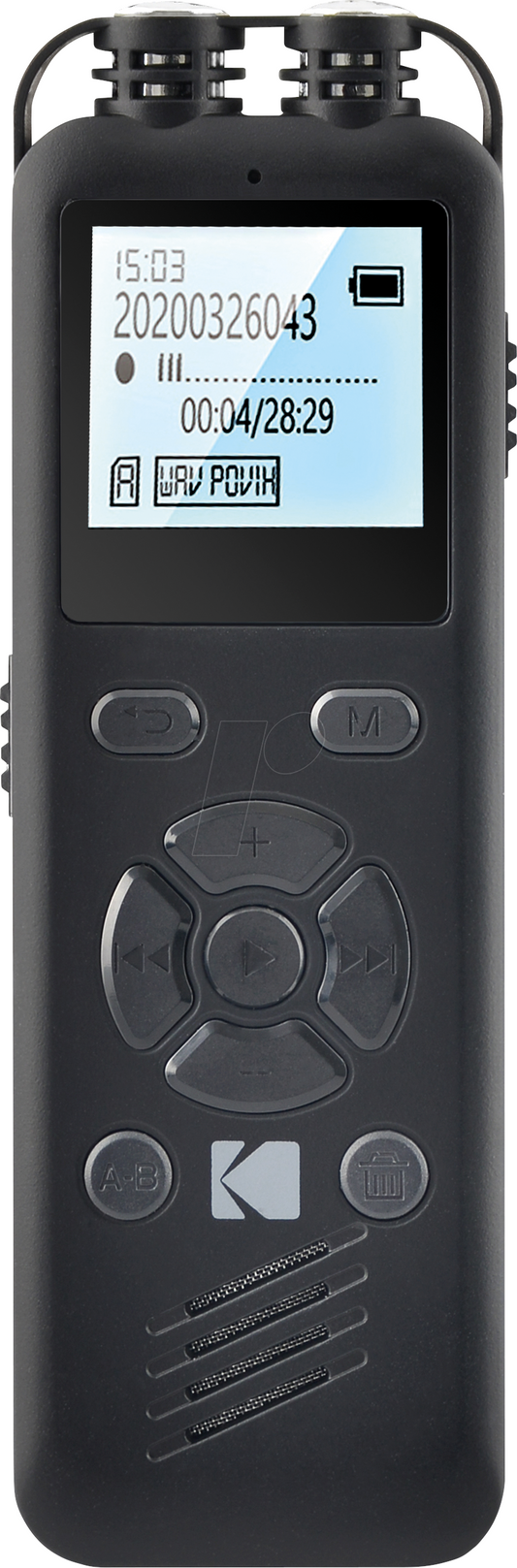 Цифровой диктофон Kodak VRC250 — монозапись, внутренняя память 8 ГБ, форматы MP3/WAV, всенаправленный микрофон
