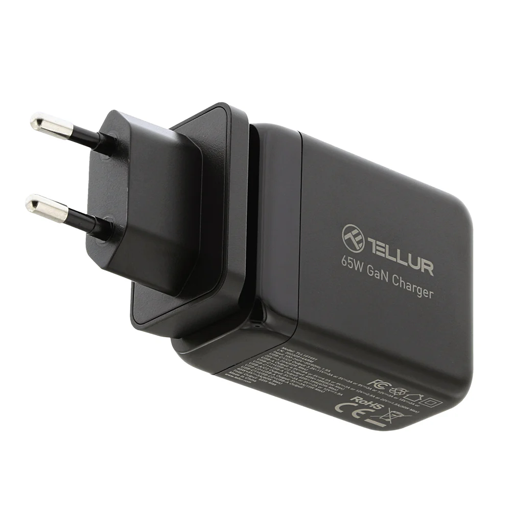 65W GaN sienas lādētājs 3 porti, 2xUSB-C + USB-A, Tellur