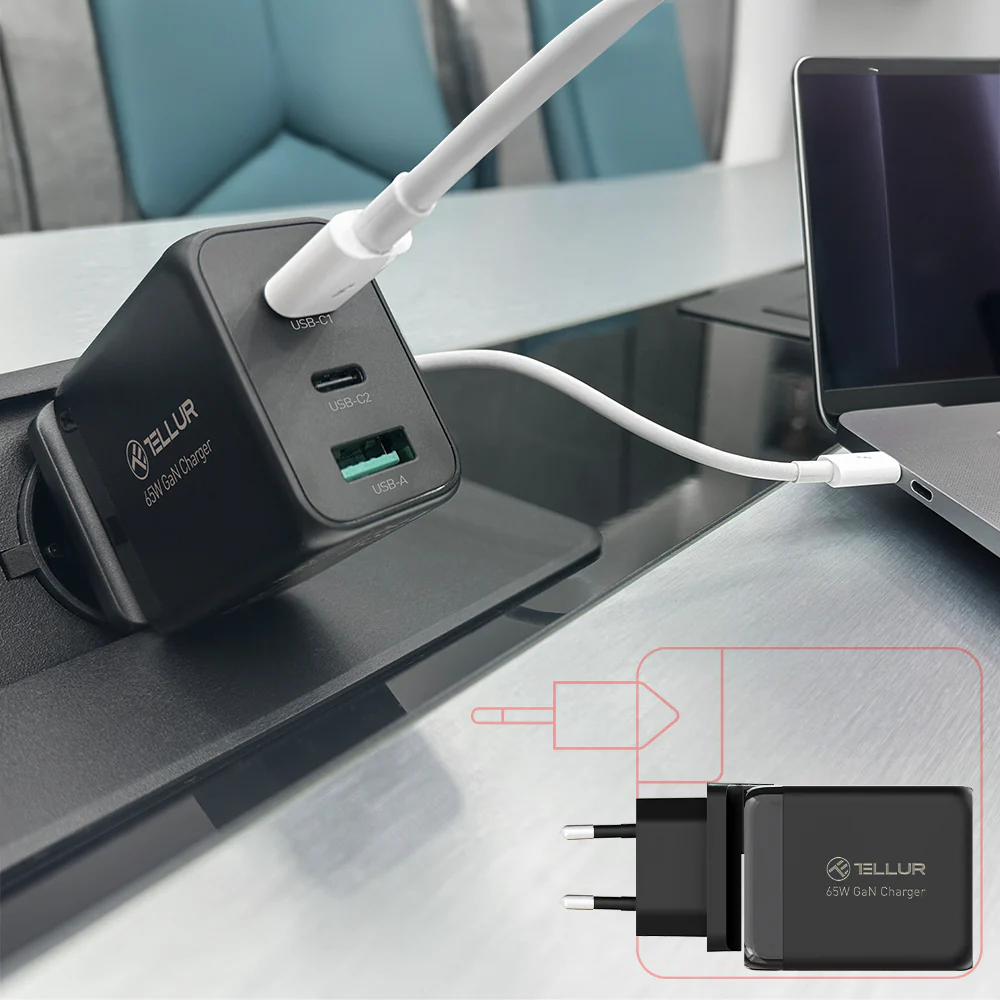 65W GaN sienas lādētājs 3 porti, 2xUSB-C + USB-A, Tellur