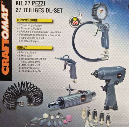 A set of pneumatic tools for cars. Craftomat tool set with 27 parts