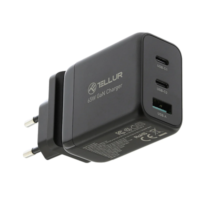 Tellur GaN 65W 3-port wall charger, 2xUSB-C + USB-A, EU,UK,US, black