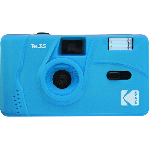 Light blue Kodak M35 film camera with flash