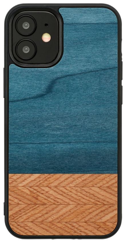 iPhone 12 mini protective cover, wood and polycarbonate, denim black