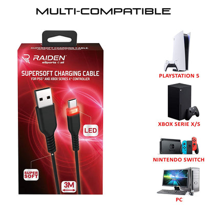 Charging cable 3m USB-C with LED light for PS5/Xbox/Switch