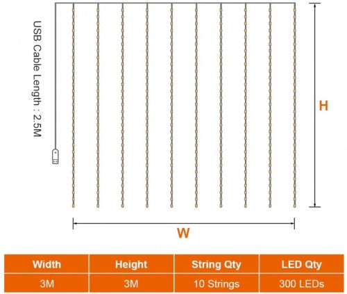 Aizkaru LED gaismas virtene 300 LED HEMER Spilgti Balta