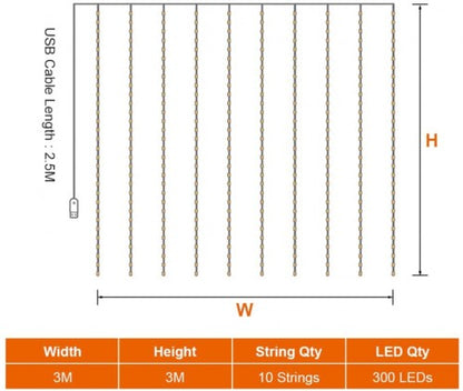 Aizkaru LED gaismas virtene 300 LED HEMER Spilgti Balta