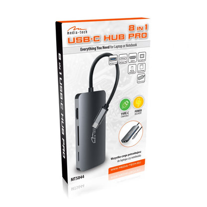 USB-C HUB ar 8 pieslēgvietām, Media-Tech MT5044, alumīnija korpuss, HDMI 4K