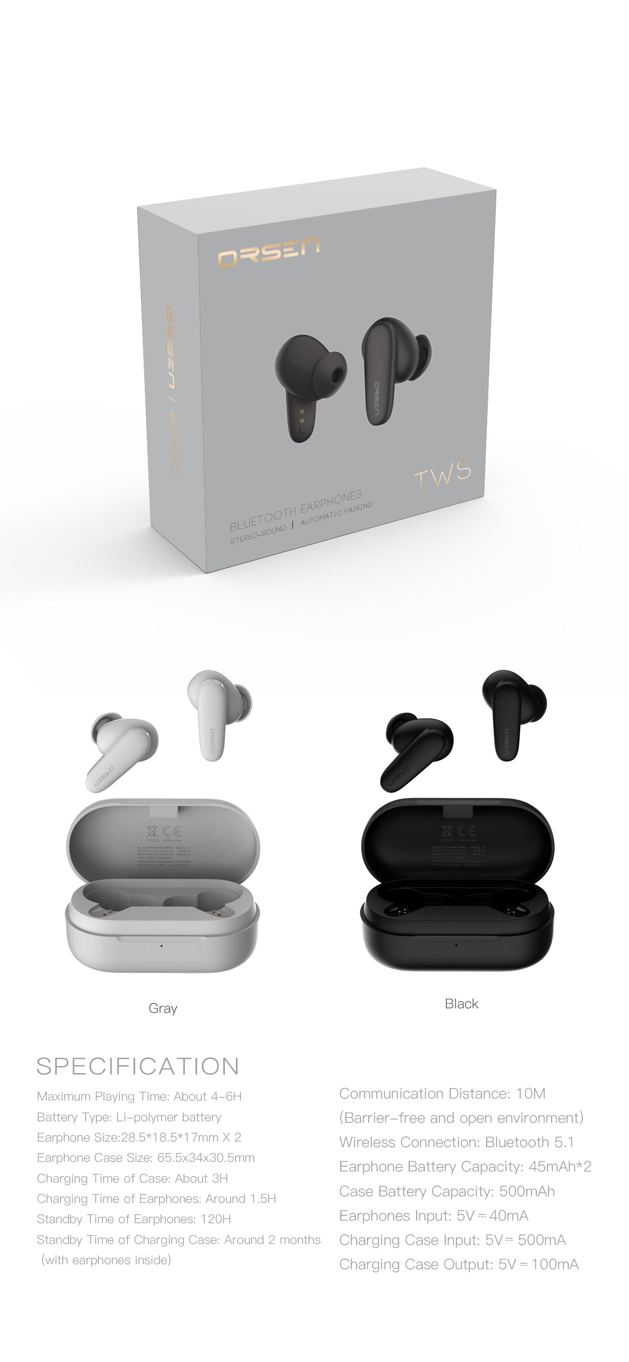 Bluetooth Headphones with Long Operating Time - Orsen T3