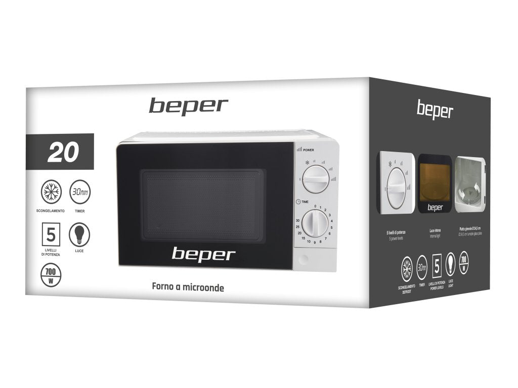 Beper BF.570 Microwave Oven 700W, 20L Capacity, 5 Power Levels, Defrost Function