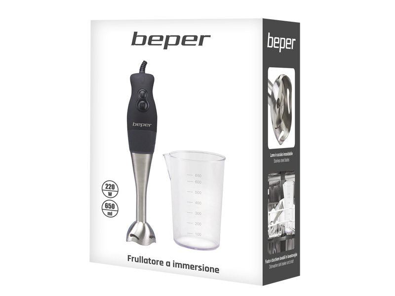 Ручной блендер Beper BP.654, погружной, с эргономичной ручкой и съемным цилиндром из нержавеющей стали, 2 скорости, 220 Вт